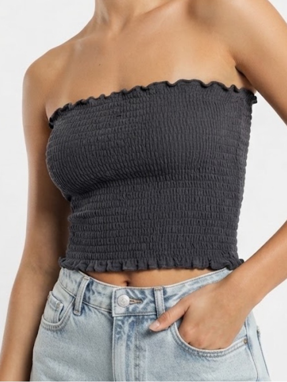 Hollister Women’s Smocked Strapless Tube Top in Charcoal Black Size Large